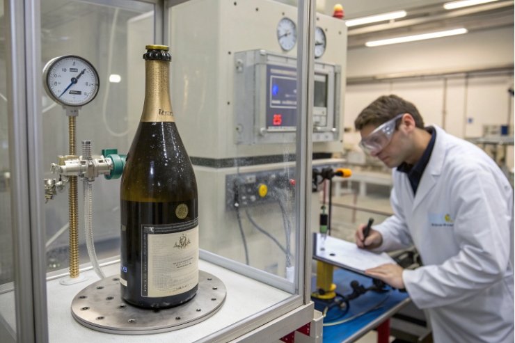 Champagne bottle pressure test in lab chamber with technician recording results