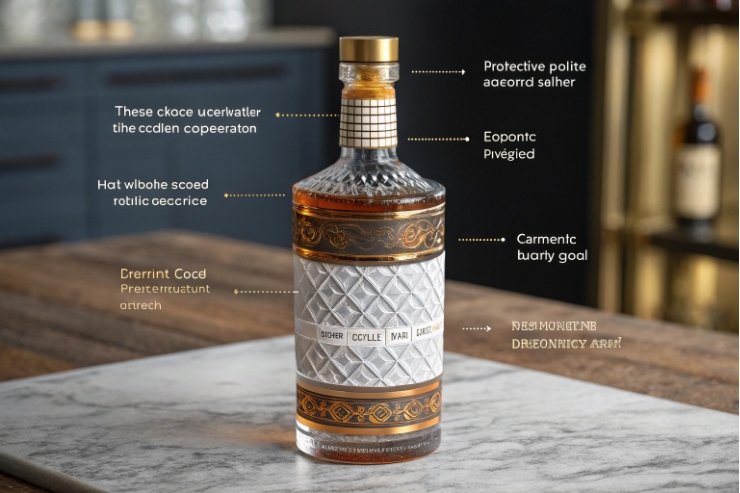 Decorative textured spirits bottle with gold cap and label concept callouts for packaging design