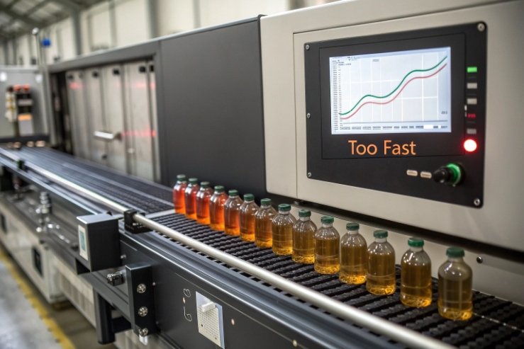 Conveyor line with filled bottles and monitor warning production speed too fast