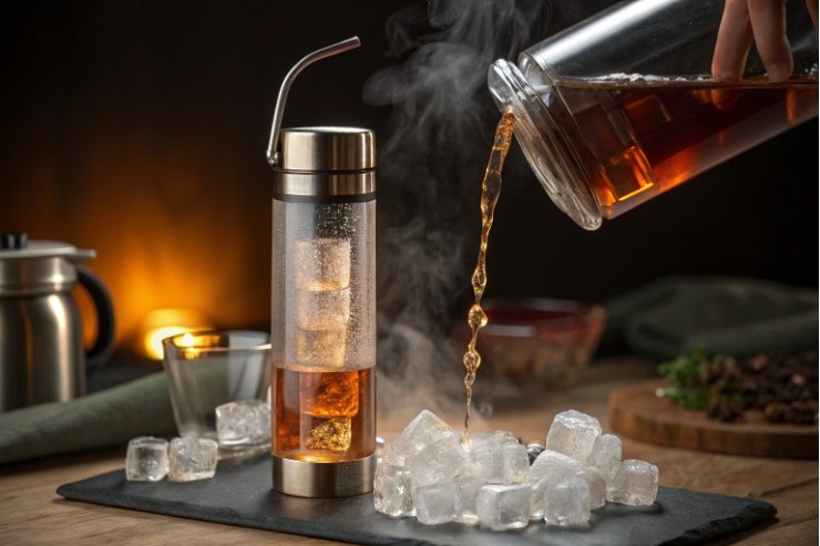 Iced tea poured into glass infuser bottle, showcasing heat resistance and clarity.