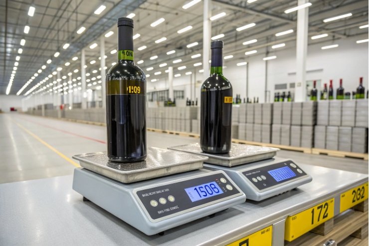 Wine bottles on digital scales in warehouse for weight control and QC inspection.