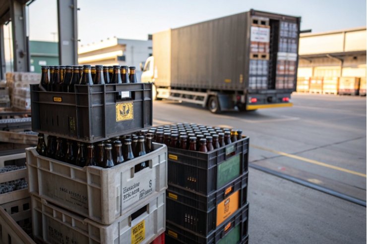 Stacked crates of beer bottles at loading dock beside truck for distribution.