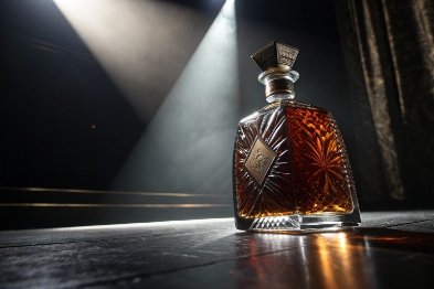 Cut-glass whiskey decanter with amber spirit under dramatic spotlight and shadows