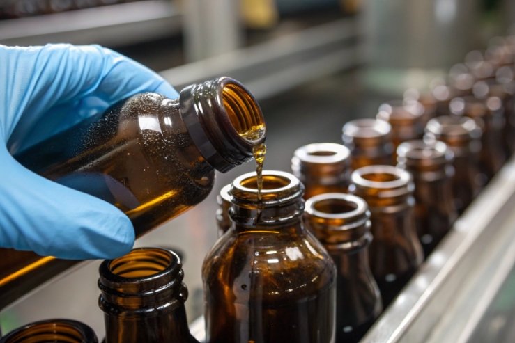 Gloved hand filling amber pharmaceutical bottles on production line for liquid medicine