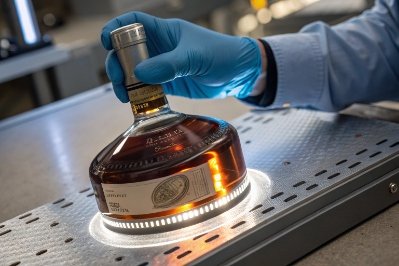 Gloved technician inspecting premium whisky bottle under light ring for quality control