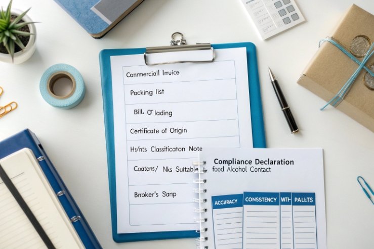 Export compliance documents checklist on clipboard with packing list and certificate of origin