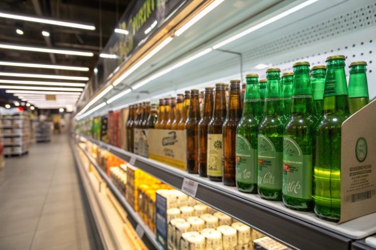 Green beer bottles displayed on refrigerated store shelf in retail aisle