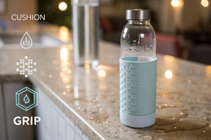 Glass bottle with silicone sleeve showing grip and cushion features on countertop.