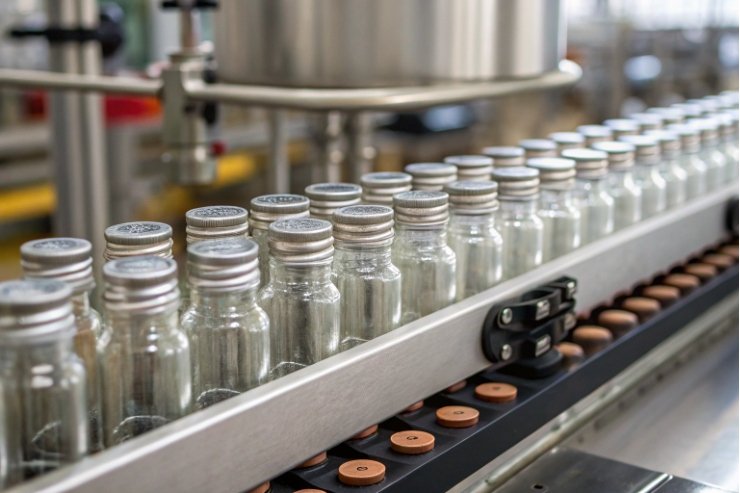 Small clear glass vials with aluminum caps moving along automated filling conveyor