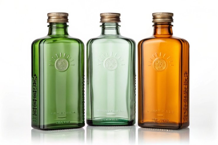 Green, clear, and amber flat glass flasks with embossed logo and screw caps.