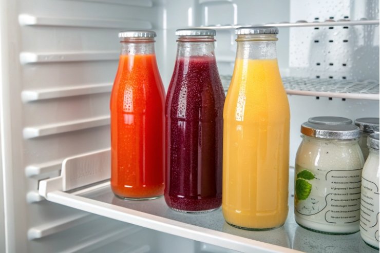 Colorful juices stored in reusable glass bottles inside refrigerator for fresh cold drinks