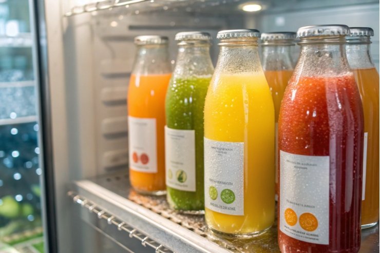 Assorted fruit juice glass bottles chilled in refrigerator display with labels and caps.
