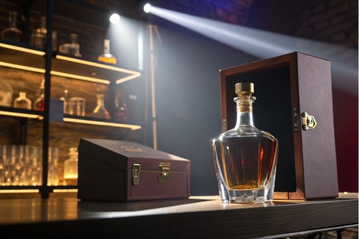 Premium crystal decanter with wooden gift box on bar counter under spotlight