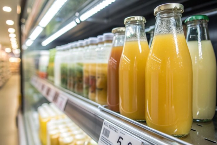 Refrigerated supermarket shelf displaying chilled glass juice bottles with condensation and price tags.