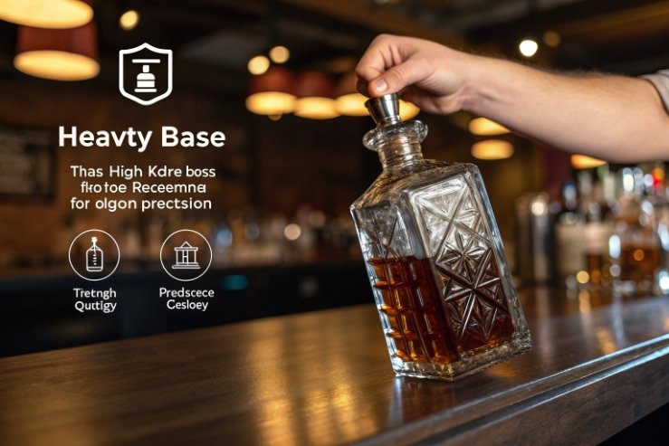 Hand presenting heavy base spirits bottle with stopper on bar counter, premium packaging focus