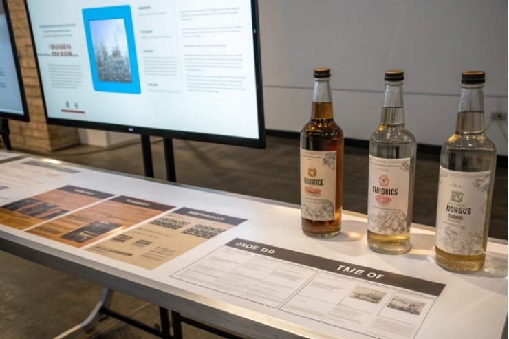 Three spirit bottles displayed beside branding boards for packaging approval