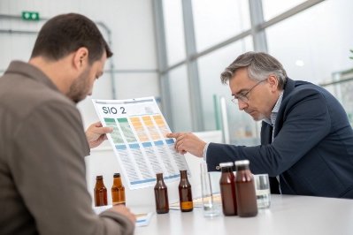 Engineers reviewing SiO2 glass composition chart with sample bottles during packaging R&D meeting