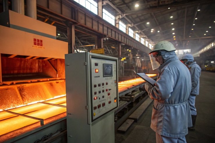 Glass factory technicians monitor annealing lehr line with glowing hot glass production