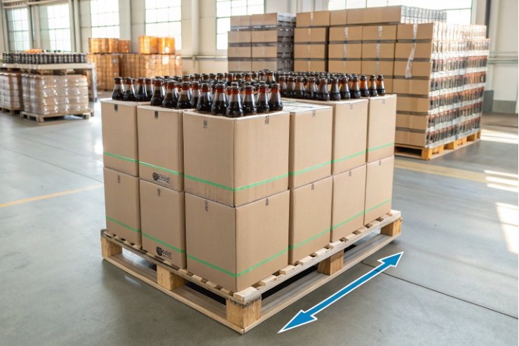 Pallet of boxed beer bottles in warehouse with spacing and handling guide