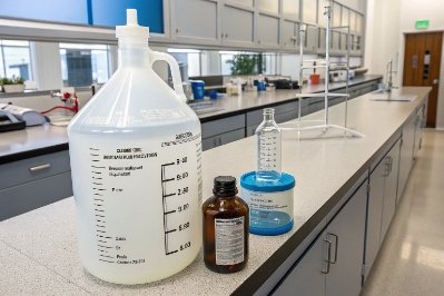 Large plastic measuring jug and amber reagent bottle arranged in modern laboratory workspace