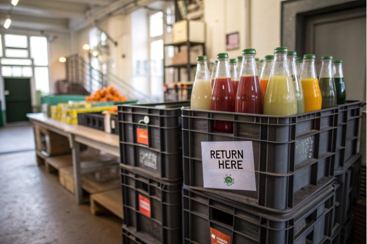 Returnable glass juice bottles in plastic crate for refill and reuse program.