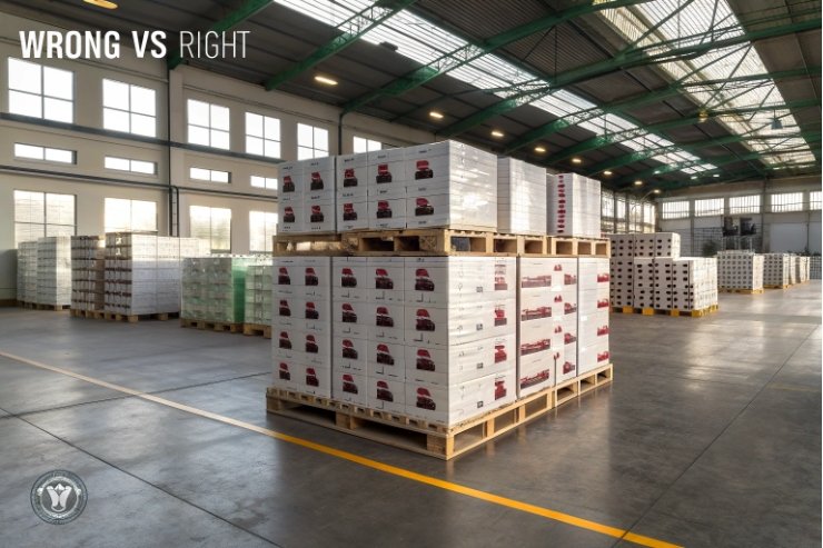 Pallet stacks of boxed glass bottles in warehouse illustrating correct versus wrong loading.