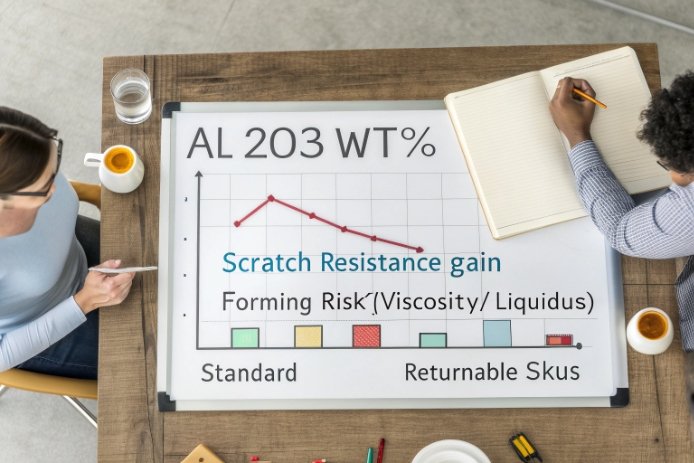 Team reviews Al2O3 wt% chart showing scratch resistance gain for returnable SKUs