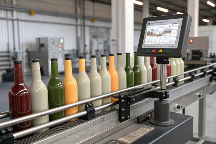 Mixed-color glass bottles on conveyor with touchscreen monitor for line inspection