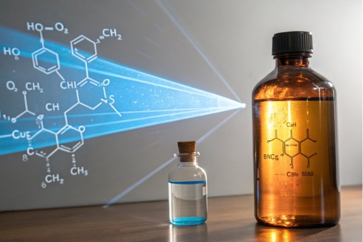 Amber glass reagent bottle and small vial with chemical formula projection highlighting UV protection.