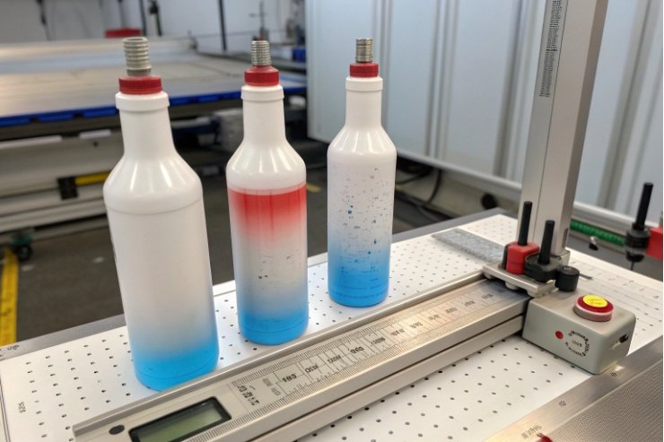 Fill level measurement station checks coated bottles with colored liquid gradient for consistency.