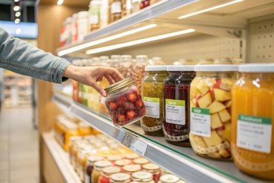 Hand picking a glass jar of preserved fruit from grocery shelf among packaged foods