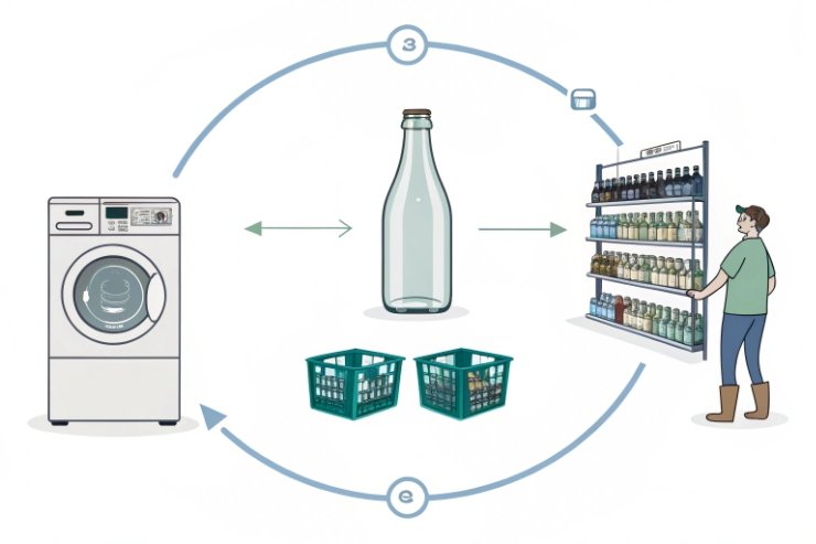 Returnable glass bottle reuse cycle diagram with washing, crates and retail return