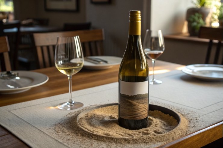 Wine bottle chilling in sand bowl on dining table with two wine glasses.