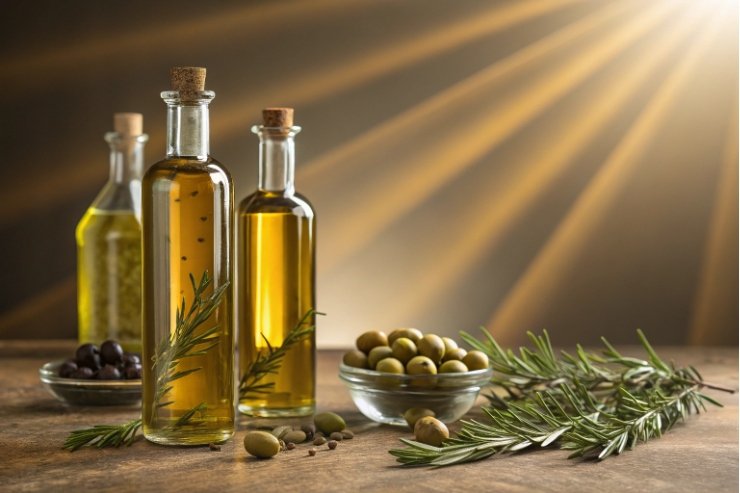 Premium olive oil in clear glass bottles with olives and rosemary under warm light