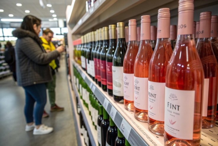 Supermarket wine aisle with pink rose bottles and blurred shoppers