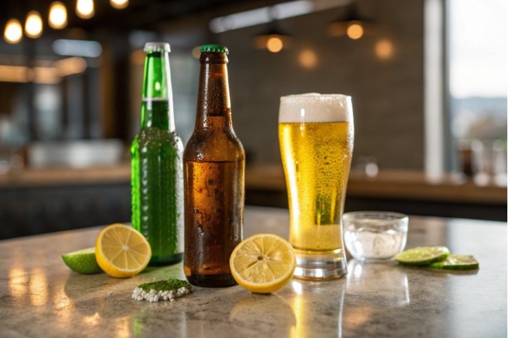 Beer bottles and foamy pint with lemon and lime slices on tabletop.