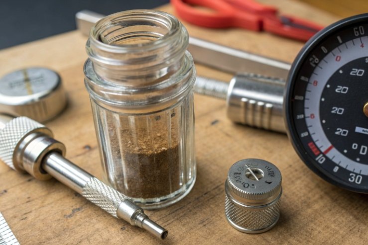 Small glass jar with spice powder on workbench beside measuring tools
