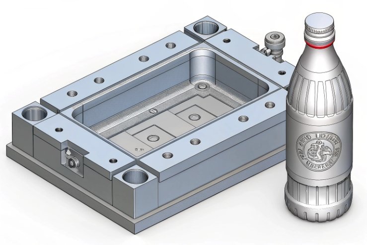3D CAD render of bottle mold base beside embossed bottle model