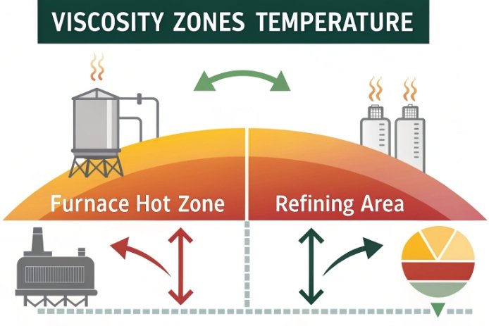 Infographic of viscosity zones and temperature control from furnace hot zone to refining area.