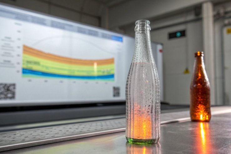 Glass bottle thermal stress test setup with performance chart displayed on screen.