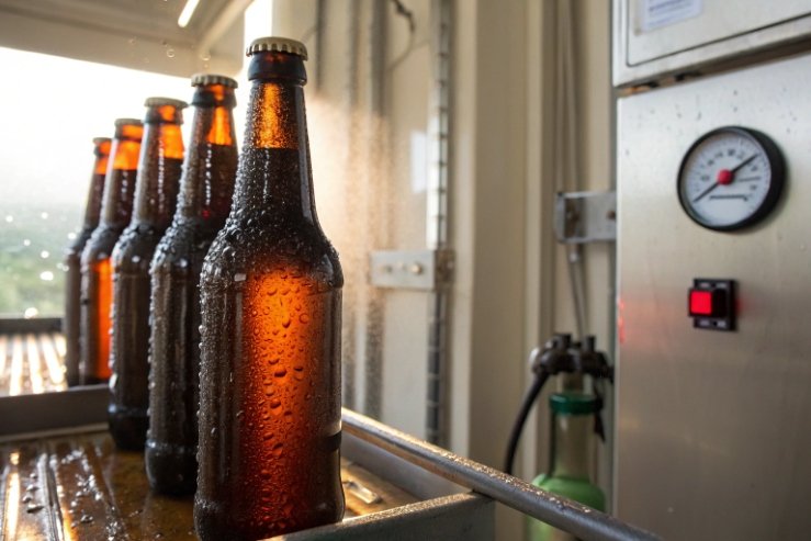 Amber beer bottles with condensation on line near pressure gauge and wash station