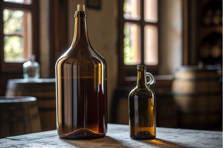 Two vintage glass bottles of different sizes resting on a wooden table