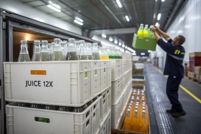 Stacked crates of bottled juice in warehouse as worker lifts green bottles for inspection