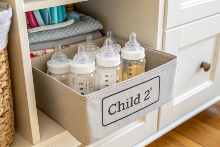 Organized baby bottles stored in labeled fabric bin inside nursery cabinet drawer
