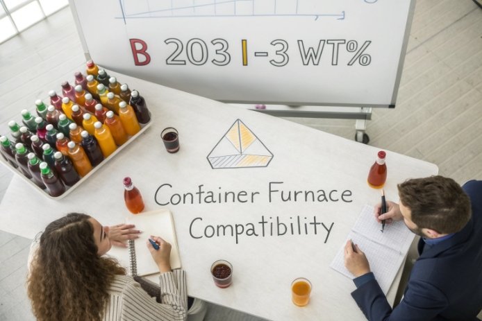 Team reviews container furnace compatibility with B2O3 1-3 wt% and sample bottles