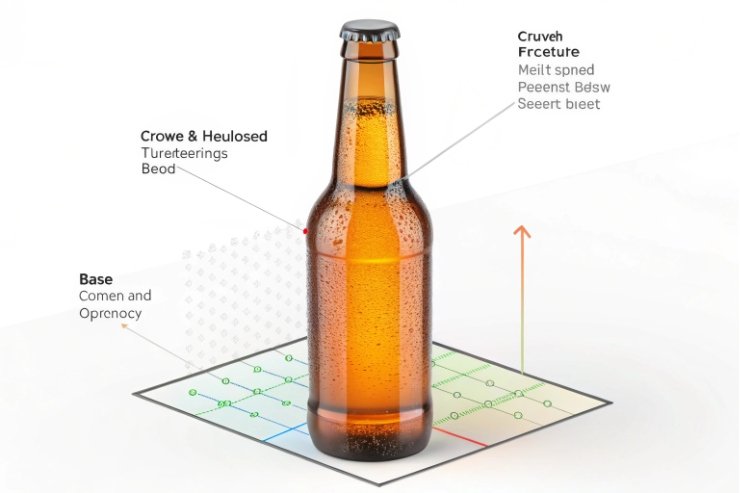 Annotated amber beer bottle diagram showing crown finish, shoulder, and base dimensions