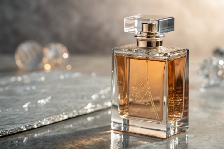 Square glass perfume bottle with amber fragrance on reflective tabletop, luxury packaging shot.