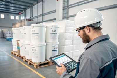 Warehouse technician scanning bulk packaging drums with tablet for inventory control