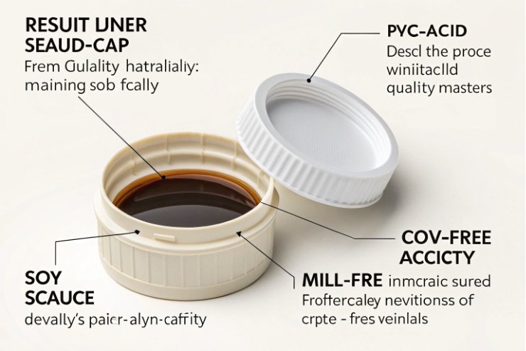 Soy sauce container cap with complex design and non-slip liner for freshness