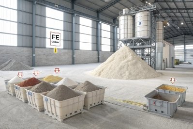 Glass factory raw material bins with silica sand pile for batch preparation